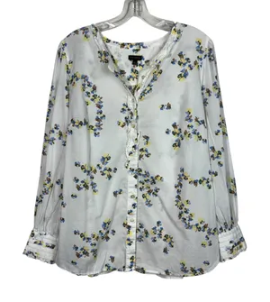 Talbots White Floral Ruffle Detail Button Down Lightweight Blouse Large L Cotton thumbnail 1