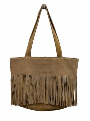 Suede Leather Fringe Shoulder Bag Tan thumbnail 1