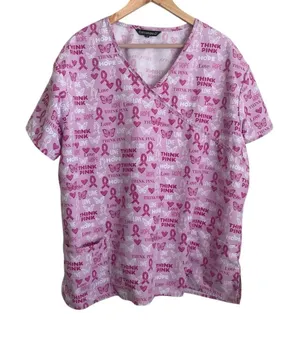 Cassandra O Scrubs Women Top 2X‎ Pink Medical Nurse Breast Cancer Awareness thumbnail 1
