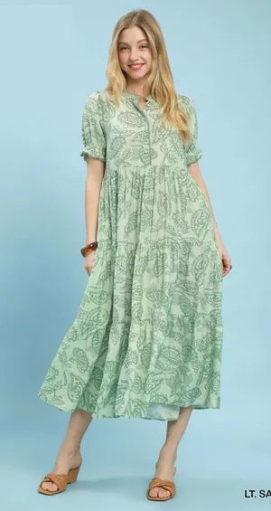 Umgee Paisley Print Tiered Midi Dress - Sage - Medium thumbnail 1