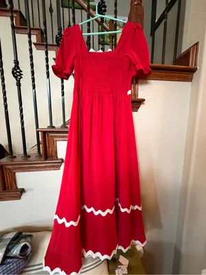 Red Smocked Maxi dress with White Ladder Stitching thumbnail 4