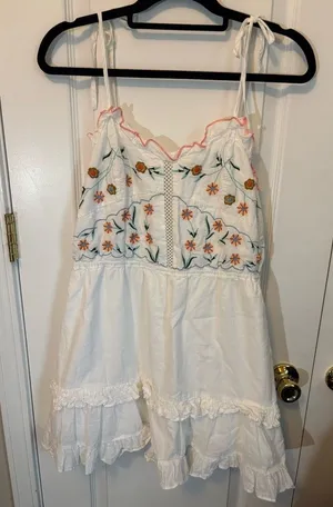 Lulus White Floral Embroidered Tie Strap Mini Dress Large 100% Cotton thumbnail 1