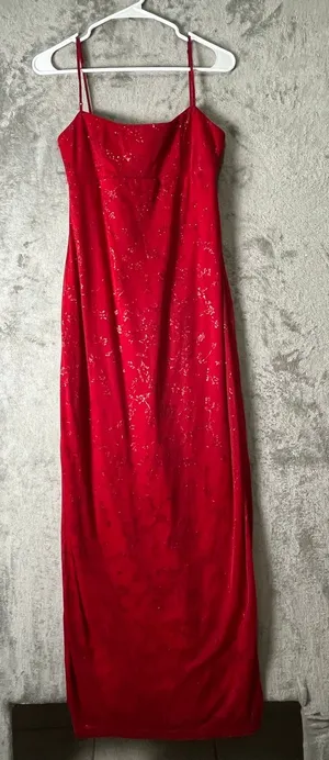 Vintage Y2K Femme Fatale Red Glitter Floral Slip Maxi Dress Romantic Goth Glam M thumbnail 1