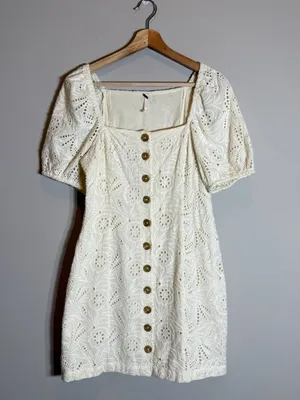 Free People Daniella Eyelet Mini Dress Women's 2 Ivory Puff Sleeve Boho Cotton thumbnail 5