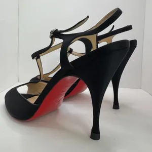 Y2K Christian Louboutin Ernesta Black Satin T-Strap Peep Toe Heels EU 37 thumbnail 2