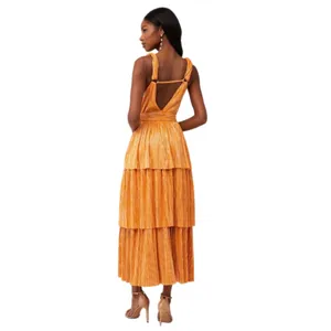 Sabina Musayev Alma Midi Dress in Mandarin Orange Pleated Tiered Small Like New thumbnail 4