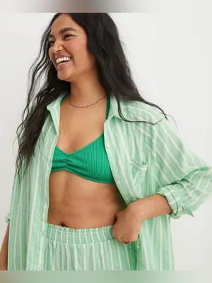 Aerie Green White Striped Linen Blend Coverup Button-Up Shirt - size L thumbnail 11