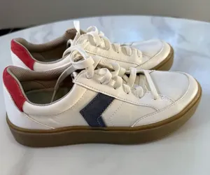 Dr. Scholl's White Sneakers with Navy Chevron and Red Heel thumbnail 1