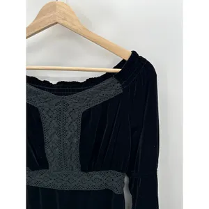 Velvet Lace Trim Peasant Top Black‎ Boho Gothic Romantic Long Sleeve Grunge Sz S thumbnail 5