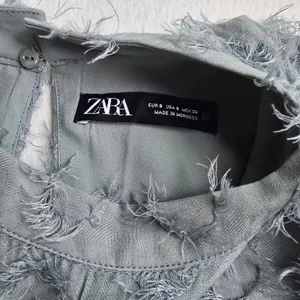 Zara Textured Fringe Circle Applique Babydoll Mini Dress‎ Dusty Blue Small thumbnail 3
