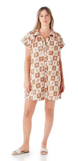 Crosby by Mollie Burch Linen Coastal Neutral Seashell Print Shirt Dress M thumbnail 1