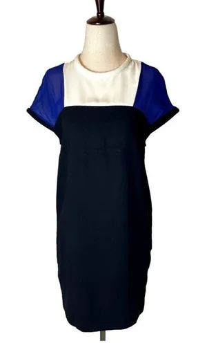 Maje Blue White And Black Colorblock Silk Detail‎ Crew Neck Mini Shift Dress S thumbnail 1