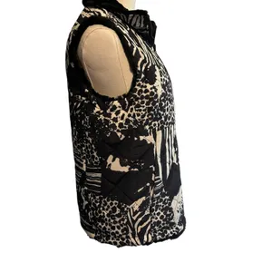 Puffer Vest Faux Fur Lined SM Black White Pockets Quilted Animal Print Multiples thumbnail 9