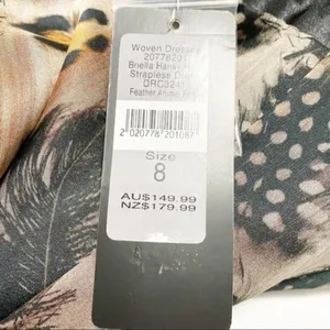 Forever New Briella Silk Strapless Hanky Hem Animal Feather Print Dress Size 8 thumbnail 3