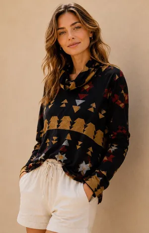 LuLaRoe Black Geometric Aztec Print Boho Oversized Drop Shoulder Knit Turtleneck thumbnail 1