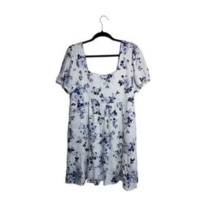 Maurices Floral Square Neck Babydoll Mini Dress White Blue Puff Sleeve thumbnail 2