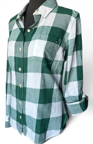 Tommy Hilfiger Womens Small S/P Green White Gingham Plaid Button Down Shirt thumbnail 3