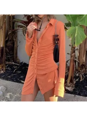 With Jean Orange Ruched Button-Front Dress thumbnail 6