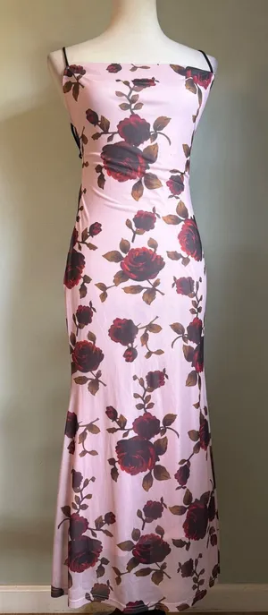 Micas Y2K Pink Floral Mesh Maxi Dress Red Rose Lace Up Open Back M whimsi boho dainty thumbnail 1