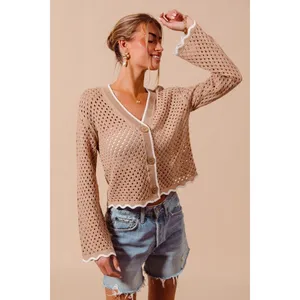 SO‎ ME Open Knit Light Weight Sweater Cardigan With Contrast Wavy Scallop Edge L thumbnail 5