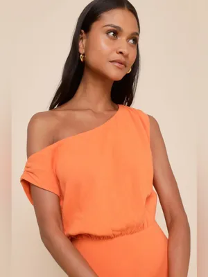 Lulus Casual Enchantment Orange Linen Off-the-Shoulder Midi Dress Size Medium thumbnail 3