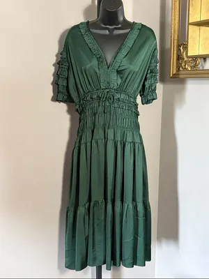 Nanette Lepore Size 8 Hunter Green Smocked V Neck Midi Dress thumbnail 2