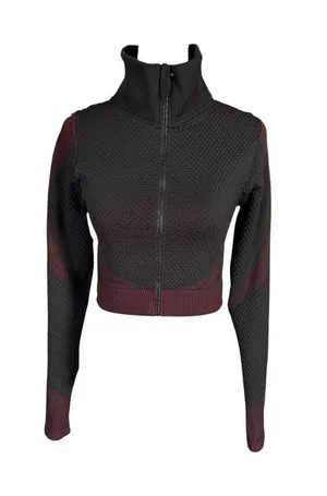 Womens black and burgundy long sleeve zip up activewear cropped jacket size L thumbnail 1