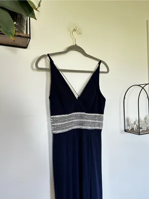 Xscape Navy Blue‎ Rhinestone V Neck Leg Slit Long Maxi Dress Formal Gown Size 4 thumbnail 3