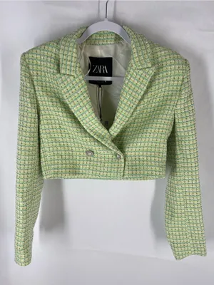 ZARA NWT Green Tweed Cropped Blazer Pearl Buttons Size XS thumbnail 2