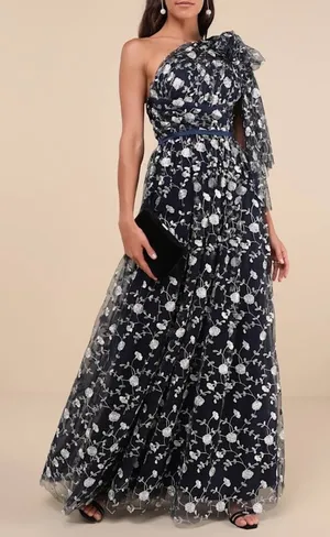Lulus Whimsical Allure Navy Mesh Embroidered One-Shoulder Maxi Dress XS NWT thumbnail 1