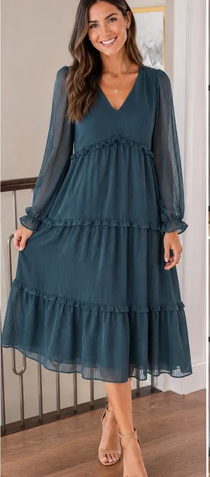 NWT Lumiere Teal Tiered Midi Dress Sheer Sleeve Romantic Cottagecore thumbnail 1