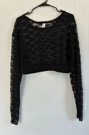 Black Floral Lace Crop Top Sheer Long Sleeve Gothic Romance Aesthetic - Size XXL thumbnail 1