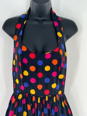 80s Glam Black Halter Polka Dot Sundress with Multicolor Dots-Size S thumbnail 2