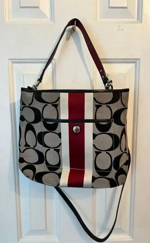 COACH Signature Hampton Stripe Purse Classic Logo Shoulder Bag Black Red White 1 thumbnail 1
