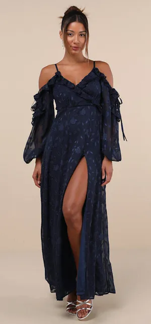 Lulus Pleasant Aura Navy Blue Floral Burnout Cold-shoulder Maxi Dress - Size S thumbnail 1