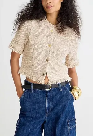 J Crew Fringe-Trim Short-Sleeve Cropped Lady Jacket in Marled Yarn | M thumbnail 1