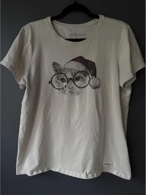 Life is Good Women's Cat with Glasses and Santa Hat Graphic T-Shirt thumbnail 1