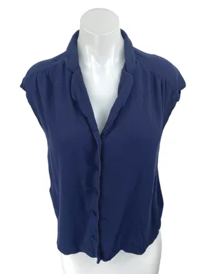 MNG Mango Women's Navy Blue Short Cap Sleeve V Neck Button Up Shirt Top Size 4 thumbnail 1