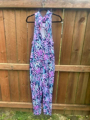 Lilly Pulitzer Wyota Tropical Jungle Blue Purple Jumpsuit Size Large thumbnail 9