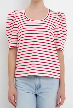 English Factory Red & White Stripe Pleated Puff Sleeve Top – Medium thumbnail 1