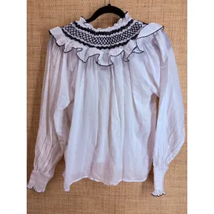 Cleobella Organic Cotton Smocked Ruffle Blouse Womens Small White Navy Tassel thumbnail 7