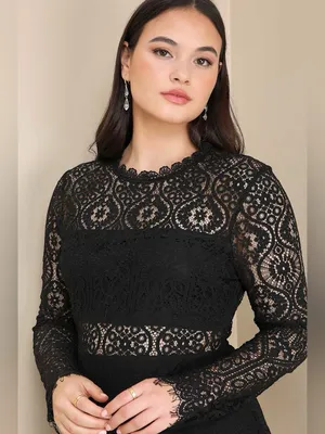 Lulu's Black Lace Long Sleeves Midi Dress with Scalloped Hem. thumbnail 2