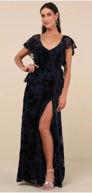 NWT Lulus Romantic Wonder Navy Burnout Velvet Ruffled Tie-Back Maxi Dress Size S thumbnail 1