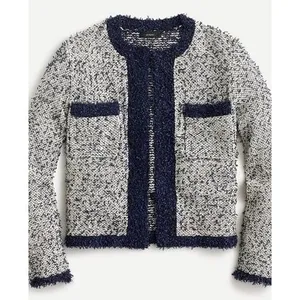 J.Crew Sz M contrast tweed white Navy Open front cropped jacket blazer cardigan thumbnail 3