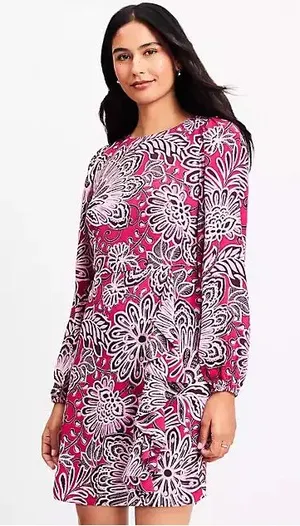 LOFT Petites Magenta Floral Paisley Ruffle Mini Dress 2P NWT Long Sleeve thumbnail 1
