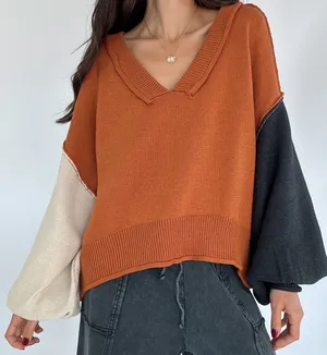Pol Colorblock Boho V-Neck Knit Sweater Slouchy Pullover Rust Orange Size Small thumbnail 1