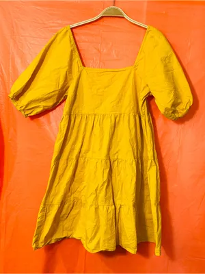 Influence Mustard Yellow Tiered Mini Dress with Square Neck Size 12 thumbnail 3