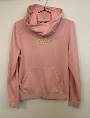 Nike Hoodie Women XS Pink Good Cowl Neck Gold Glitter Logo Pullover Sweatshirt thumbnail 1