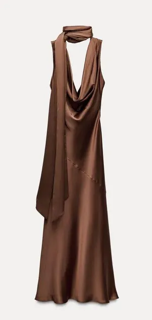 Zara maxi halter scarf satin plunge neck Brown Evening Wedding thumbnail 8