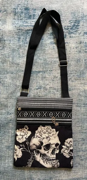 White Black Rose Flower Skull Cotton Canvas Two Pocket Crossbody Shoulder Pouch thumbnail 1